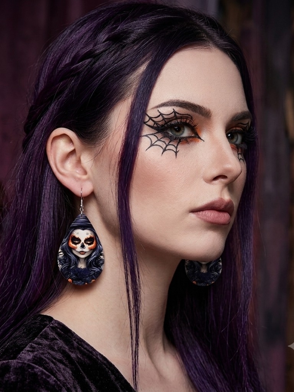 Teardrop Sugar Skull Earrings in Purple and Orange - Women Jewelry